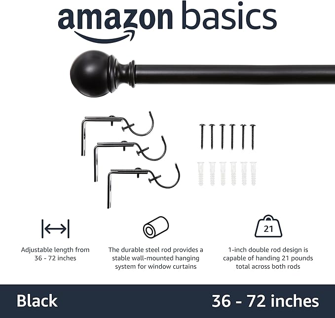 Amazon Basics Adjustable Curtain Rod for Windows with Round Finials, 1-Inch Rod, 36" to 72", Black, 1-Pack
