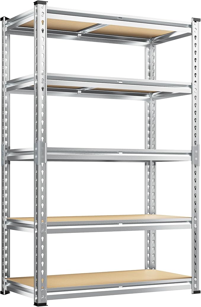 REIBII Garage Shelving, 5 Tier Storage Shelves Load 2400LBS, Adjustable Garage Shelves Heavy Duty, Metal Shelving Unit with Waterproof Columns for Warehouse, 35.5" W x 11.9" D x 72" H, Galvanized