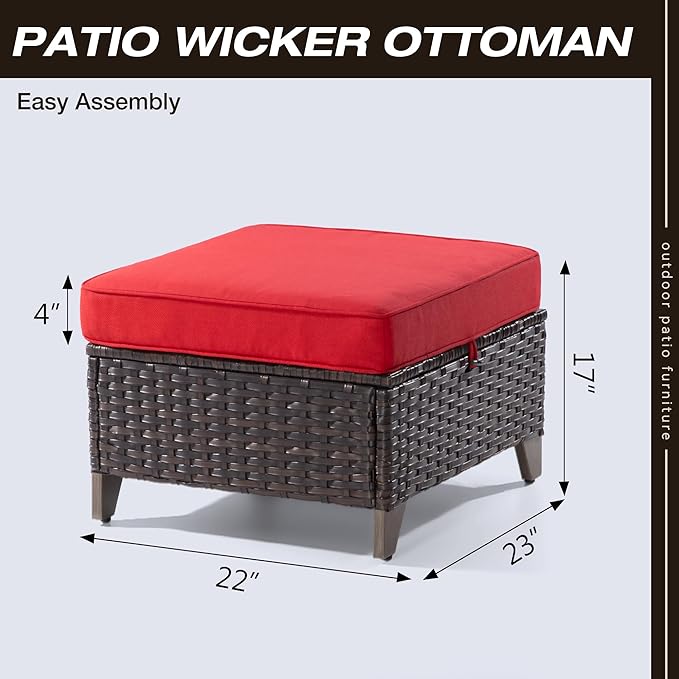 Joyside Patio Ottoman Set of 2, All Weather Outdoor Rattan Ottomans Patio Footstools with Removable Cushions for Garden Backyard Porch (Red)