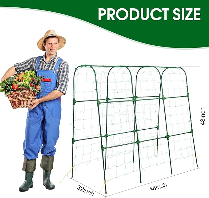 Garden Trellis for Climbing Plants Outdoor, Cucumber Trellis for Raised Bed Garden, Arch Trellis Support for Cucumbers Tomatoes Beans Peas, 50x48 inch, Metal Trellis with Netting, Green