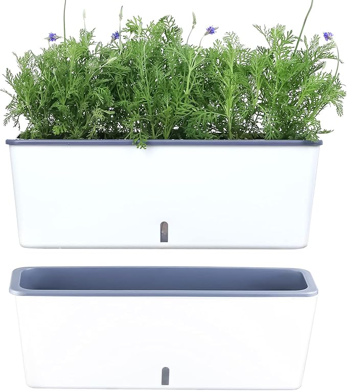 2 Pack Rectangular Planter 17 x 4.5 in Self Watering Planter Window Sill Planters Indoor Rectangle Planter Self Watering Pots Plastic Plant pots with Drainage Holes White Flower Pot Indoor