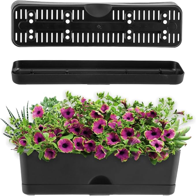 5 Pack Window Boxes Planters 16 Inches Rectangular Planter Herb Planter Boxes Large Plastic Flower Pots Rectangle Black Planter Outdoor and Indoor Succulent Window Sill Planter Self Watering Pots