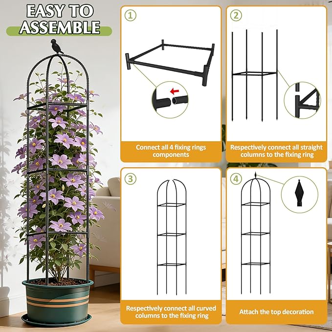 Square Tomato Cages for Garden, 6.2 FT Cucumber Trellis for Flowers, Grape, Pea, Rose, Bean, Rustproof Plastic Coated Metal Plant Support for Potted Plants Indoor Outdoor - 2PC Obelisk Trellis