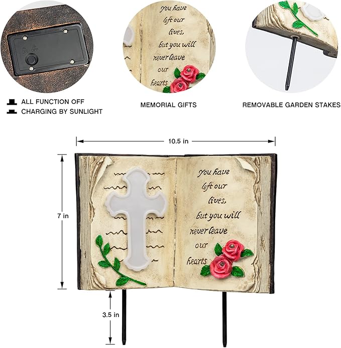 Outdoor Solar Memorial Cross Stakes Lights, Waterproof Book Statue Grave Decorations Sympathy Gifts for Cemetery Garden Lawn Yard Patio Home Decor