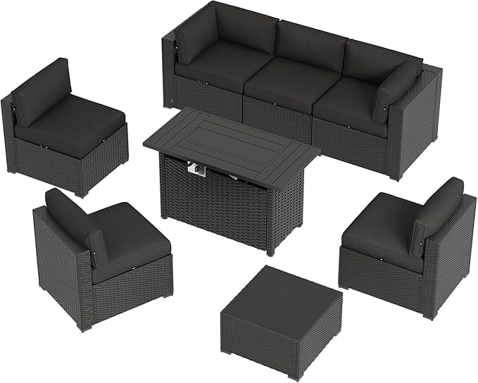 Aoxun 8 Piece Patio Furniture Set with 44” Fire Pit Table, Wicker Rattan Patio Sectional Sofa, Outdoor Furniture Set with Thickened Cushion, Black