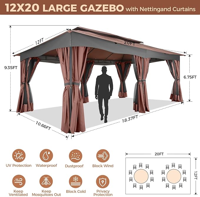 COBIZI Gazebo 12x20 Heavy Duty Gazebos with Curtain and Netting Outdoor Gazebo Canopy Double Roof Patio Gazebos with Metal Steel Frame for Patio, Deck, Backyard-Brown