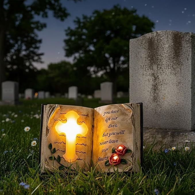 Outdoor Solar Memorial Cross Stakes Lights, Waterproof Book Statue Grave Decorations Sympathy Gifts for Cemetery Garden Lawn Yard Patio Home Decor