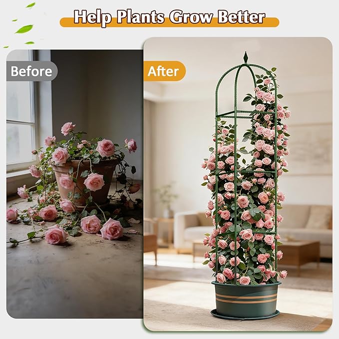Garden Trellis for Climbing Plants, Tomato Cage, Rose, Flowers, Grape, Pea, Cucumber Trellis, Rustproof Plastic Coated Metal Plant Support for Potted Plants Indoor Outdoor - 2PC Plant Trellis