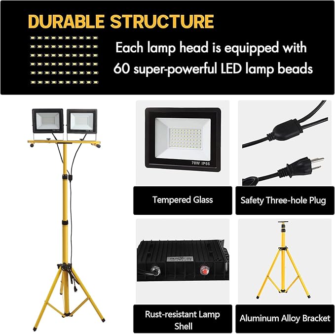 22000 Lumen Work Lights with Stand, 2 Adjustable Head LED Work Light, with Adjustable and Foldable Tripod Stand, Waterproof Lamp with Individual Switch with 6500 Kelvin Color Temperature
