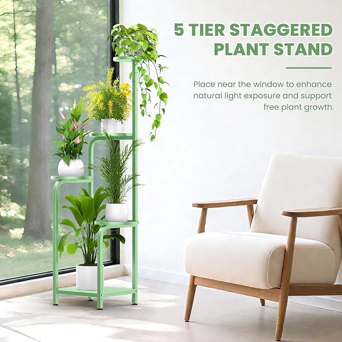 TOSKING 5 Tier Tall Plant Stand Indoor Outdoor, Heavy Duty Corner Shelf for Plants & Decor, Space Saving 3.9FT Metal Flower Pot Stand for Balcony, Garden, Living Room, Patio( Sage Green, 5Tier SQ Base)