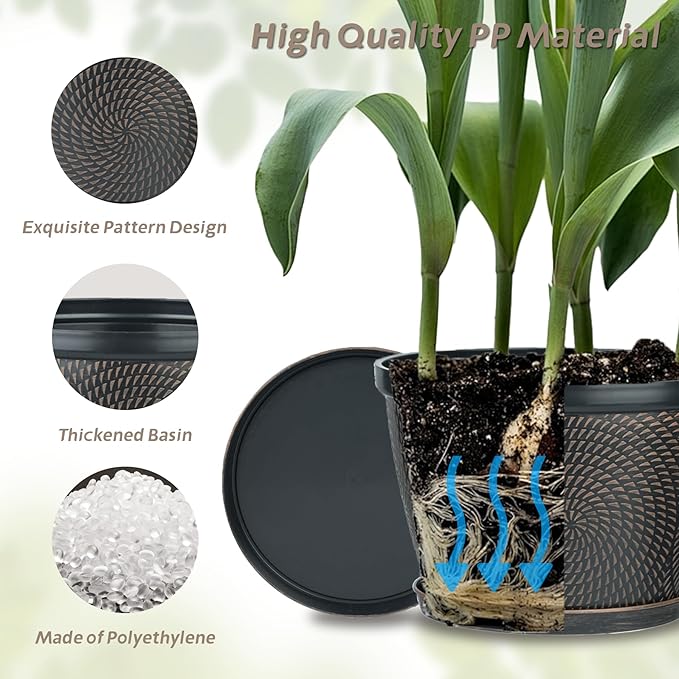 Quarut 4 Pack 6 Inch Flower Pots for Outdoor Indoor, Plastic Plant Pots with Drainage Hole & Saucer, Lightweight Small Flower Pot, Circle Pattern Planters for Garden House planters（Brown）