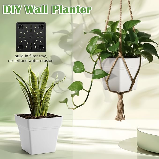 6-Pack 7 Inch Square Planters - Heavy Duty White Pots for Indoor Plants, Plastic Flower Pots with Built-in Drainage Tray & Stopper, Matte Modern Garden Planter, BPA-Free for Herbs & Succulents