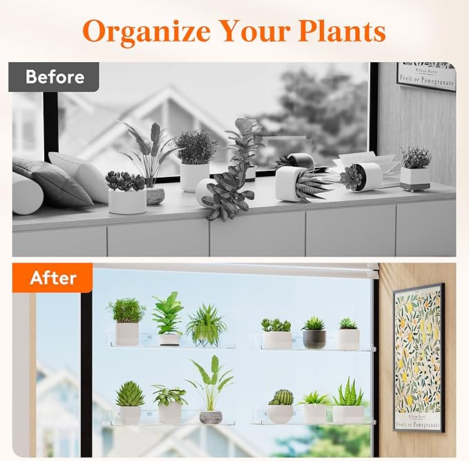 Lifewit Window Plant Floating Shelves 14.6x3.6, 2 Pack Acrylic Suction Cup Shelf, Window Sill Extender for Indoor Succulent Plants, Micro Greens, Seed Starter Pots, Herb Planters 37 x 9 cm/14.6x3.6