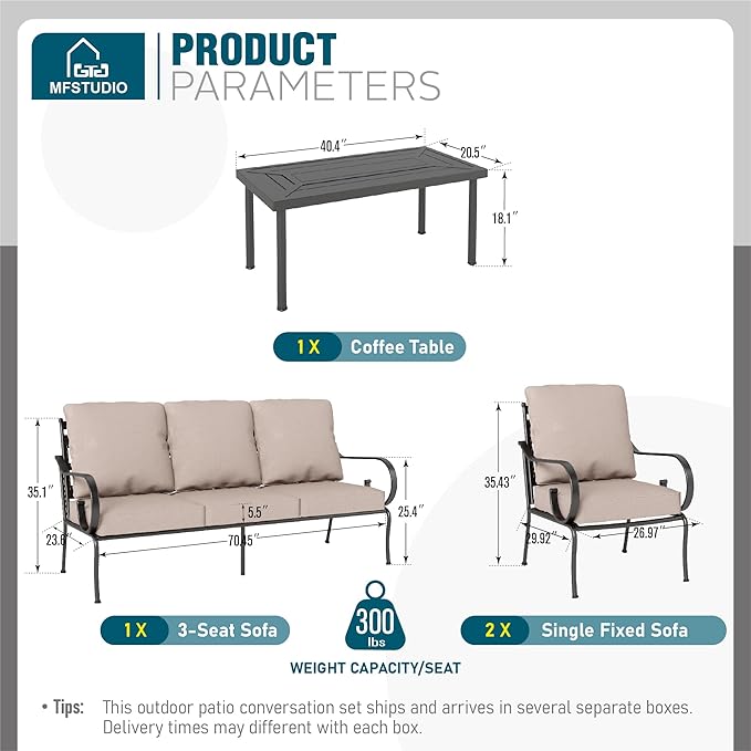 MFSTUDIO 5 Seats Large Metal Patio Conversation Sets, 4 Pieces Outdoor Furniture Sofa with 2 Fixed Chairs, 1 Sofa(3-seat) and Table for Outside Balcony Backyard Poolside