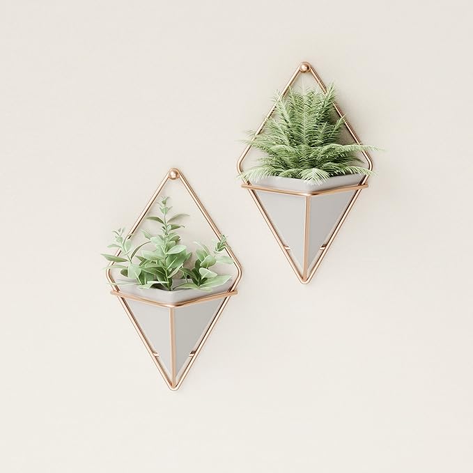 Umbra Trigg Hanging Planter Vase Wall Decor, Set of 2 Pots Containers for Succulents, Cactus, Faux Plants, and More, Small, Grey/Copper