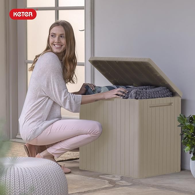 Keter City 30 Gallon Resin Outdoor Storage Box & Patio Side Table for Balcony, Pool, Deck & Garden Accessories, Weather‑Resistant, Beige