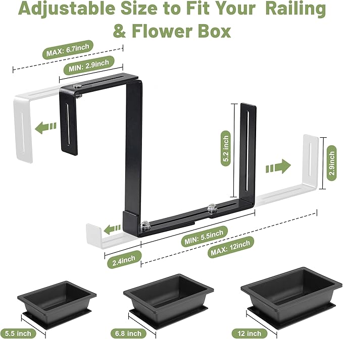 4 Pack Window Box Brackets, No Drill Adjustable Planter Box Brackets, Heavy Duty Deck Railing Planter Holders, Black Metal Flower Pot Hangers for Outdoor Gardens Balconies