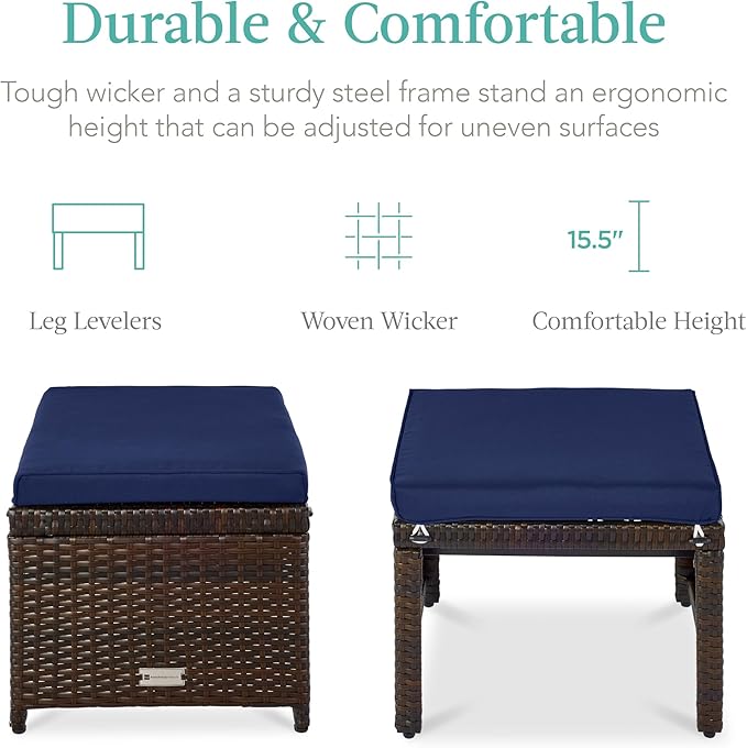 Best Choice Products Set of 2 Wicker Ottomans, Multipurpose Outdoor Furniture for Patio, Backyard, Additional Seating, Footrest, Side Table w/Removable Cushions, Steel Frame - Navy/Brown