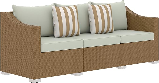 Outsunny 3 Seater Patio Sofa, Wicker Sofa with Cushions, Outdoor Furniture Rattan Couch with 2 Throw Pillows, Deep Seating, for Garden, Backyard, Porch, Light Gray