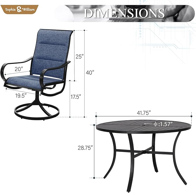 Sophia & William Outdoor Patio Dining Set 5 Pieces, 4 x Textilene Swivel Patio Chairs with Padded and 42" Round Metal Dining Table, Outdoor Table and Chair Set for Lawn Garden (Blue)