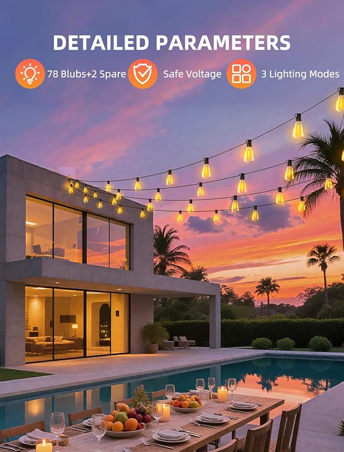 Outdoor Patio String Lights: 200Ft 60M Outside Waterproof Light - Remote Dimmable ST38 Shatterproof Bulb Connectable Hanging Outdoor Electric Lighting - Backyard Yard Gazebo Porch Party