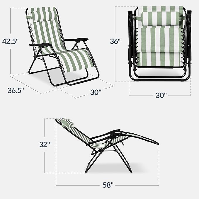 Best Choice Products Set of 2 Extra Wide Adjustable Steel Mesh Zero Gravity Lounge Chair Recliners w/Pillows and Cup Holder Trays - Sage Green Stripes