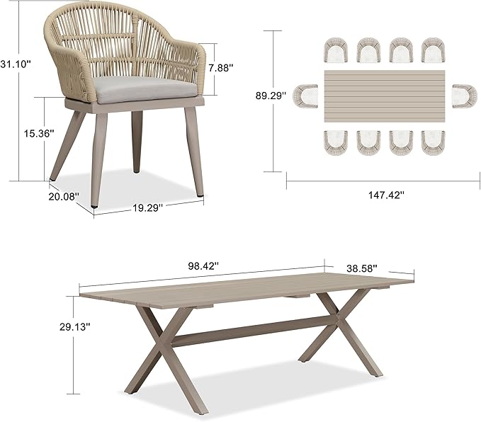 PURPLE LEAF 11 Pieces Patio Dining Set with Outdoor Aluminium Dining Table and Woven Rattan Chairs Modern Metal Furniture Cushions Sets for Garden Yard Indoor Decor Kitchen Champagne