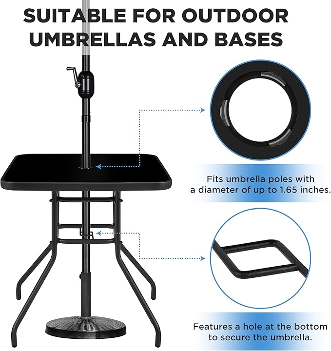 Yaheetech Outdoor Bistro Table with Umbrella Hole, 28in Patio Square Dining Table w/Silk Printing Glass Top, Weather-Resistant Patio Table for Garden Poolside Balcony Backyard, Black