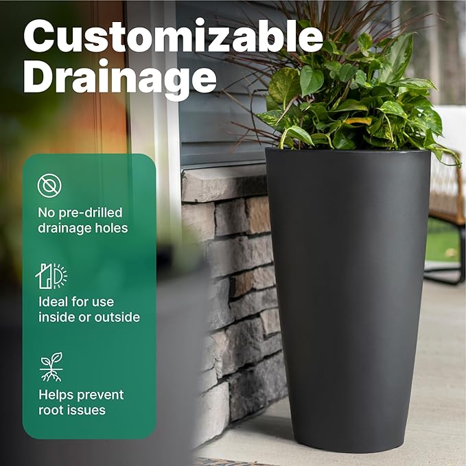 Step2 Tremont Tall Round Tapered Planter, 28" Tall 2-Pack, Indoor/Outdoor Plants, Efficient Drainage, Durable Resin, Onyx Black