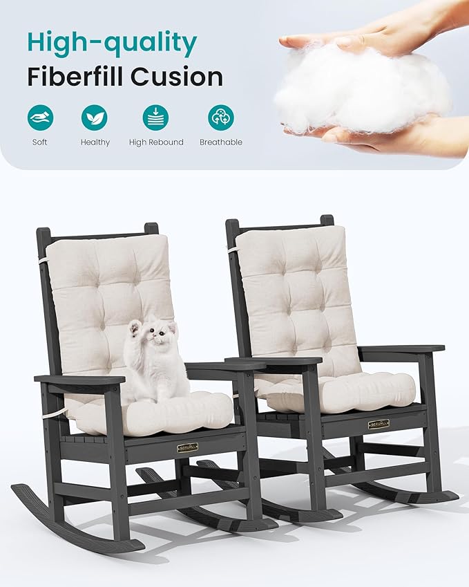 SERWALL HDPE Outdoor Rocking Chair Cushion Set of 2 Memory Foam Cushion Beige