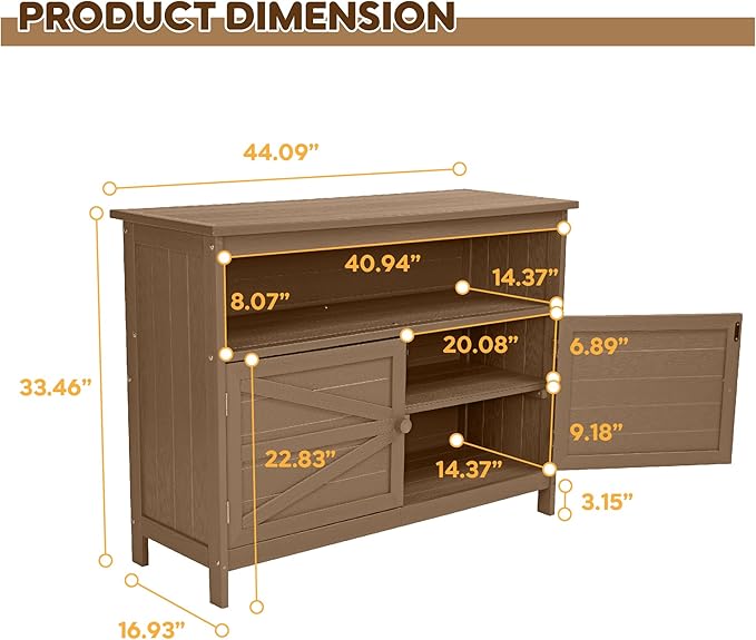 HIPS All-Weather Outdoor Storage Cabinet,Outdoor Sideboard with Magnetic Doors,3-Shelves Patio Storage Cabinet, Used for Garden,Buffet Cabinet,TV Stand, Bar Table,Balcony