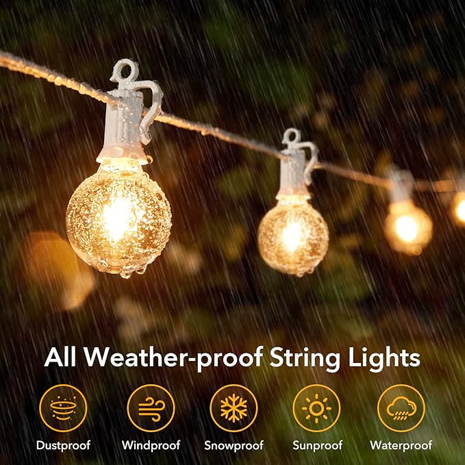 Brightown Outdoor String Lights, 50FT 25 G40 Bulbs Shatterproof Patio Lights, IP65 Waterproof Dimmable Hanging Connectable Globe LED Outdoor Lights for Backyard, Bistro, Porch, Deck, Balcony, White
