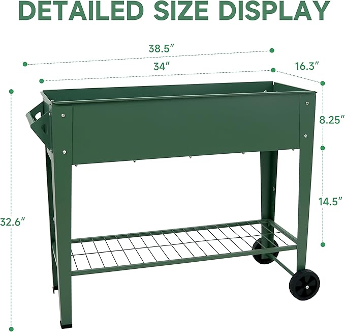 Raised Garden Bed with Legs and Wheels Removable for Outdoor, 31.6 * 14.6'' Metal Planter Raised Box for Growing Vegetables Herb Flower in Patio (Green)