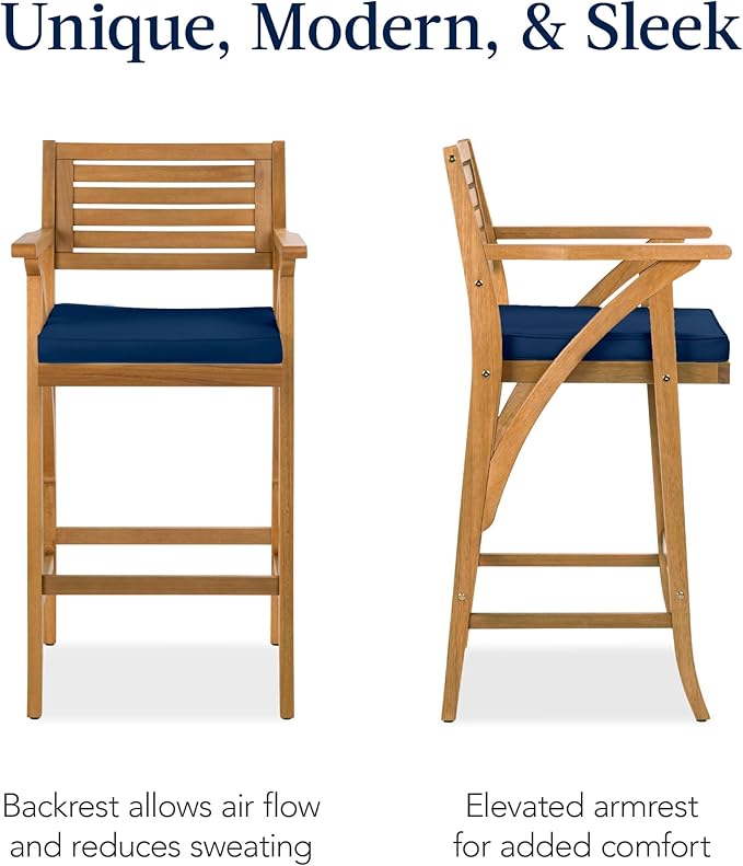 Best Choice Products Set of 2 Outdoor Acacia Wood Bar Stools Bar Chairs for Patio, Pool, Garden w/Weather-Resistant Cushions - Navy