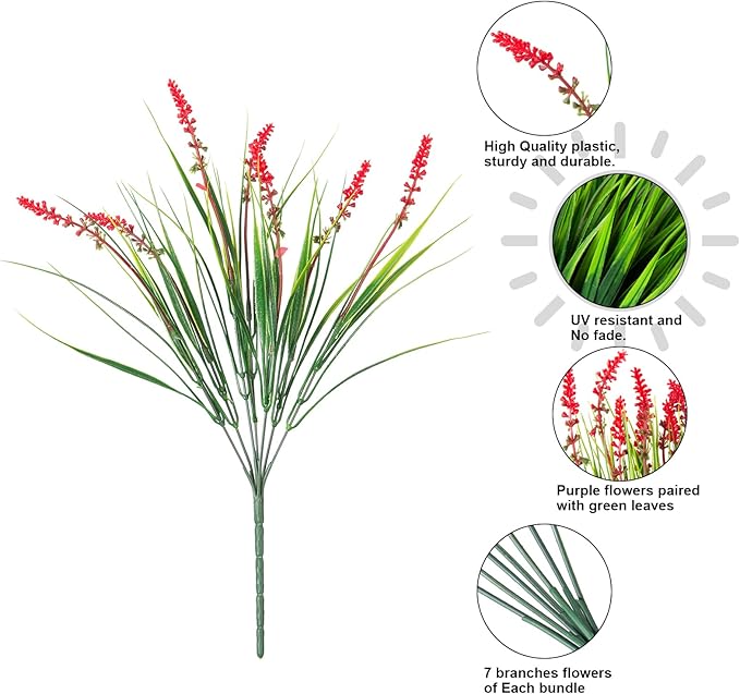 HyeFlora Artificial Fake Flowers Outdoor Plants for Summer Decoration,10 Bundles Faux Plastic Tall Monkey Grass Greenery UV Resistant Realistic Lavender for Home Planter Window Porch Garden-Red