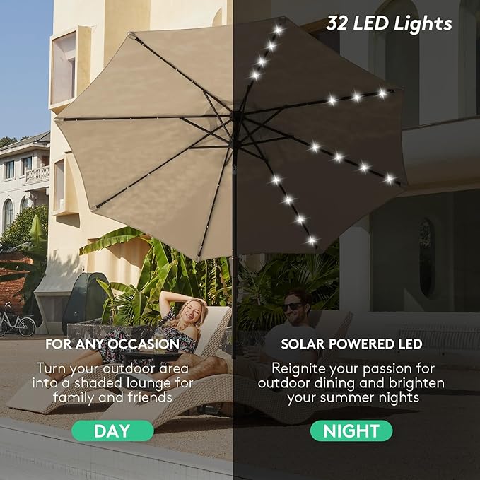 JEAREY 9FT Outdoor Patio Umbrella with Solar Lights, LED Lighted Pool Umbrella with Tilt and Crank, Outdoor Table Umbrellas for Deck, Yard & Market (Beige)
