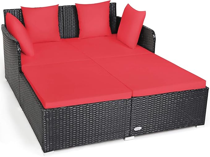 Tangkula Outdoor Rattan Daybed, Sunbed Wicker Furniture w/Spacious Seat, Upholstered Cushion & High-Resilience Sponge, Wicker Patio Sofa Set w/Extra Pillows for Courtyard Poolside(Red)