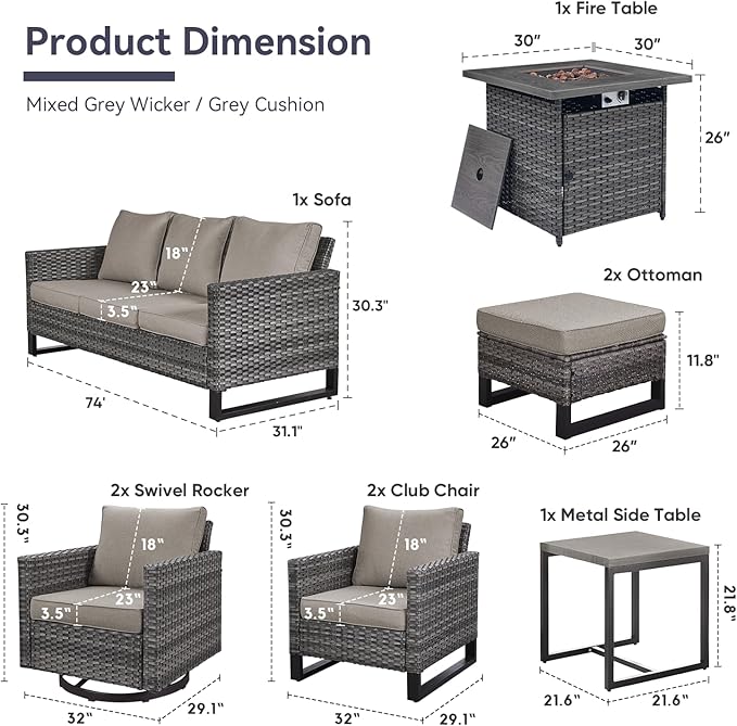 Belord Patio Furniture Set with Fire Pit Table: 9 Pieces Wicker Oversize Patio Conversation Set with Outdoor Swivel Glider Rocker Rattan Couch Ottomans, Anti-Rust Frame, Removable Cushion Grey