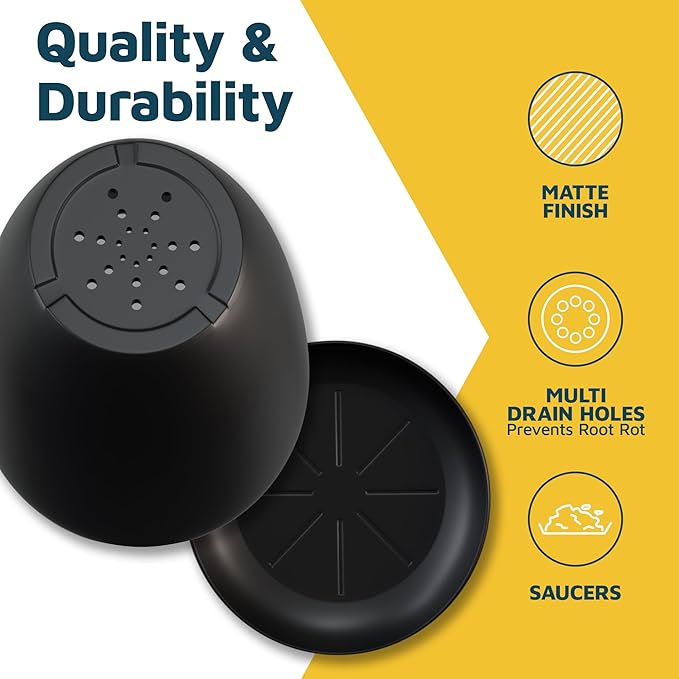 Black Plant Pots with Drainage Holes & Saucers 15 Pack, Indoor & Outdoor Stackable Space-Saving Planters for Houseplants & Flowers, (7", 6.7", 6", 5.3", and 4.8" Inches), Durable & Weatherproof
