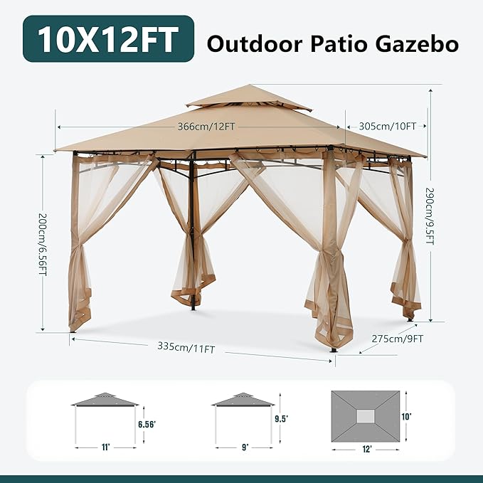 MASTERCANOPY Outdoor Garden Gazebo for Patios with Stable Steel Frame and Netting Walls (10x12,Beige)