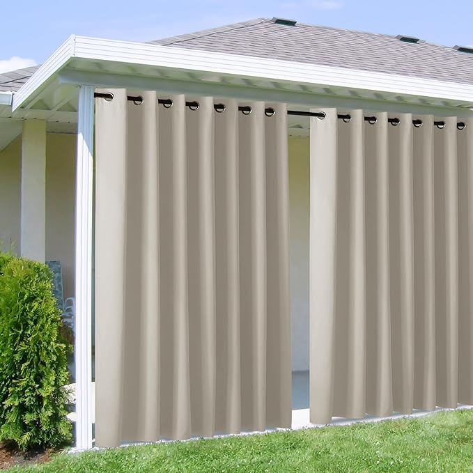 NICETOWN Outdoor Curtains for Patio W100 x L95 inch 2 Pieces, Sun Blocking Screen Shades 100% Privacy for Porch, Pergola, Lanai, Outside Deck, Weatherproof Blinds for All Season, Natural