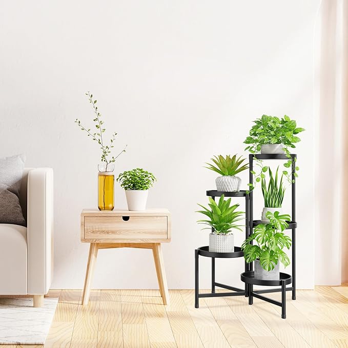 iDavosic.ly 5 Tier Large Plant Stand with Garden Tools, Tiered Corner Metal Indoor Outdoor Flower Display Holder Shelf with 10 Inch Wide Tray, Folding Tall Rack for Patio Porch Living Room, Black