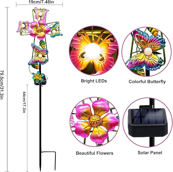 Solar Butterfly Cross Garden Stake Light, Metal Cross Cemetery Decorations for Grave Outdoor Lights, Sympathy Memorial Gifts, for Garden Lawn Yard Patio Decor