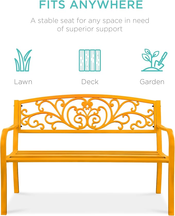 Best Choice Products Outdoor Bench Steel Garden Patio Porch Furniture for Lawn, Park, Deck w/Floral Design Backrest, Slatted Seat - Marigold