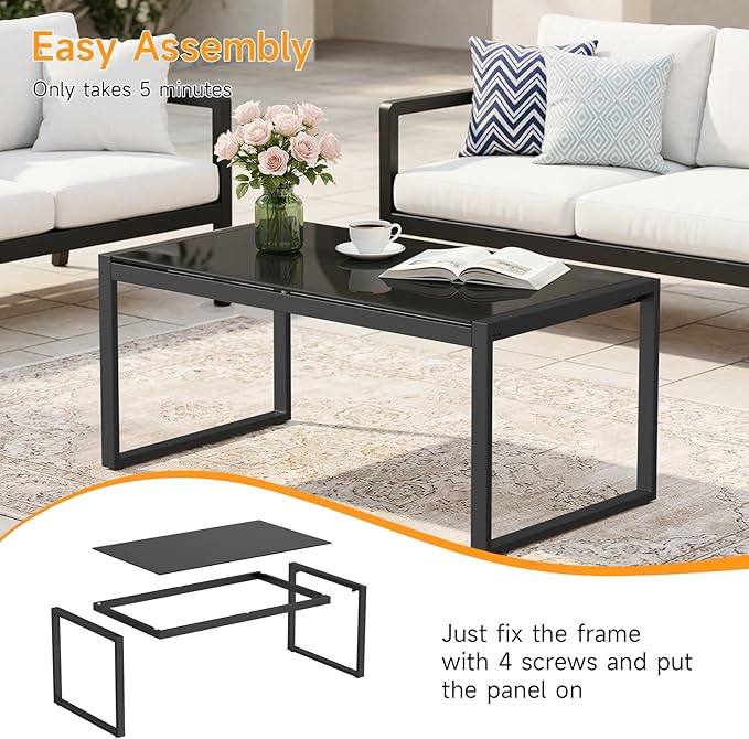 ONBRILL Rectangle Coffee Table with Tempered Glass Desktop, Galvanized Frame Outdoor Coffee Table with Adjustable Feet for Patio, Balcony, Deck, Living Room, Black
