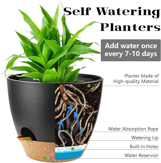 6-Pack Plant Pots with Drainage 7 Inch, Self Watering Pots for Indoor Plants, Planters for Indoor Outdoor Plants, Plastic Flower Pot, Planter for Indoor Outdoor (Black)