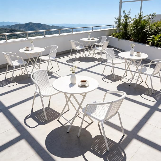 VINGLI PE Rattan Outdoor Dining Chairs Set of 2, Plastic Stackable Patio Chairs for Indoor, Porch, Restaurant, Garden, White