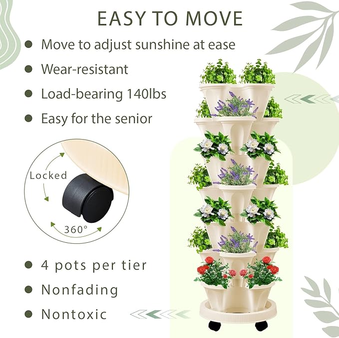 Umigy 2 Set of 7 Tier Vertical Planter Stackable Tower Planters Strawberry Herb Flower and Vegetable Pots Indoor Outdoor Gardening Pots with Removable Wheels and Tools(Beige)