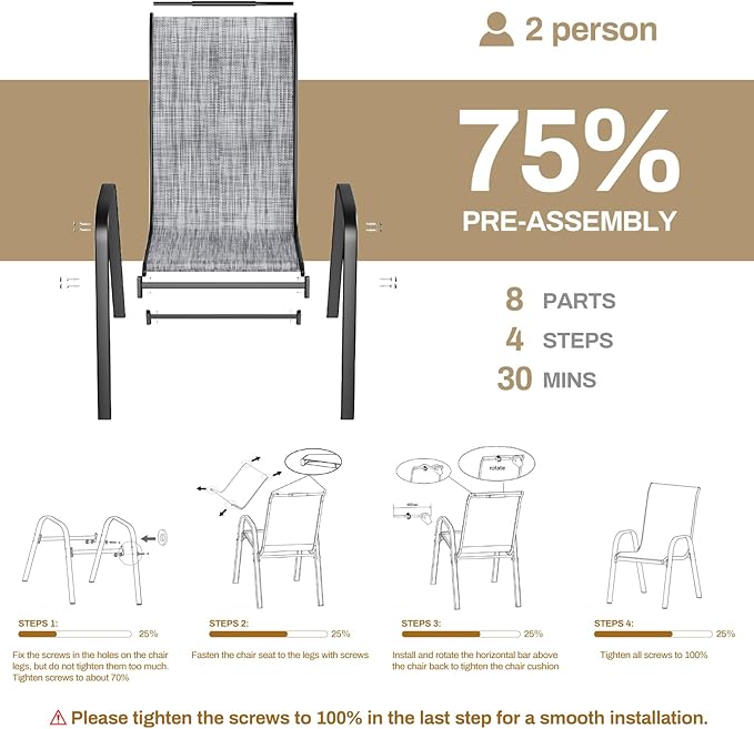 TLSUNNY Patio Chairs, Stackable Textilene Outdoor Dining Furniture for All Weather, with 17.7″ Wide Seat & Metal Frame, for Garden, Backyard, Deck, Restaurant, Poolside (4, Grey, 26.4″)