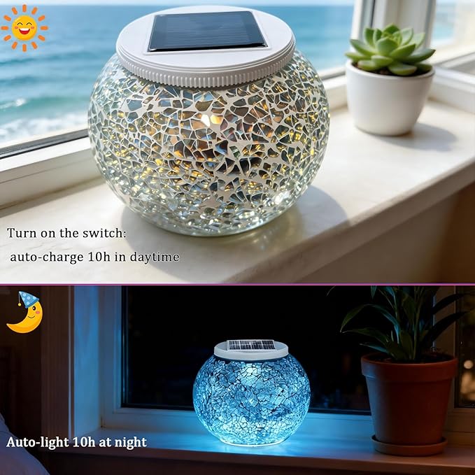 Aukora Color Changing Solar Powered Glass Ball Garden Lights, Table Lamps Waterproof Night Light for Patio, Bar, Party, Yard, Room, Wine Cabinet, Outdoor/Indoor Decorations, Ideal Gift(Crack Glass)